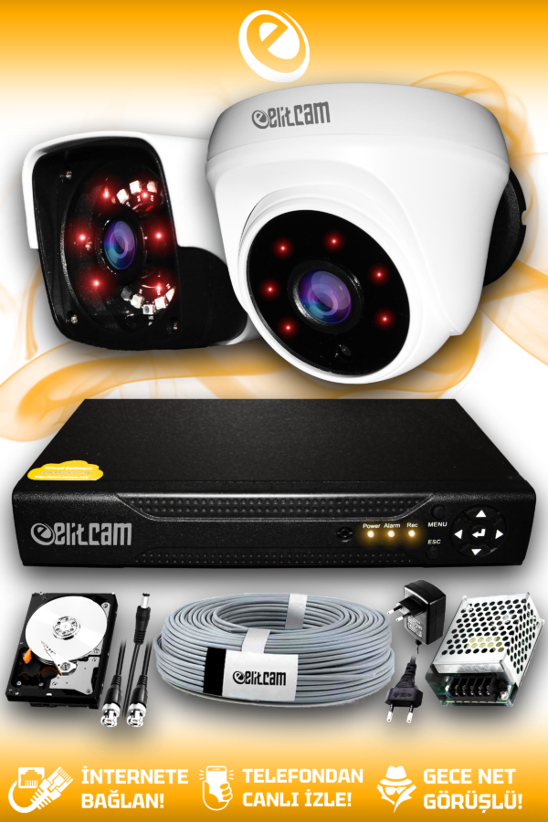 2 Kameralı Panda 1 İç Kamera Set 500 GB HDD Full HD Gece Görüşlü Güvenlik Kamerası Sistemi