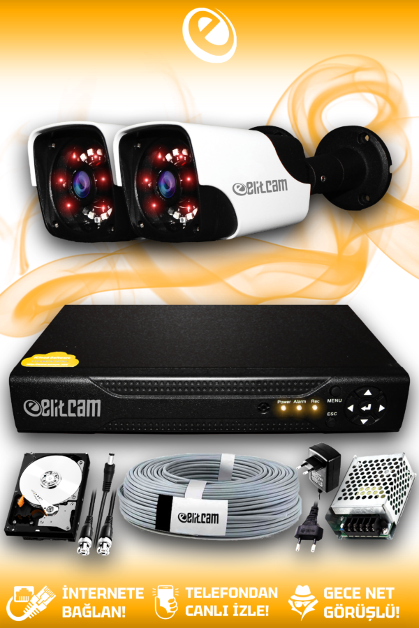 2 Kameralı Panda 2 Dış Kamera Set 2 TB HDD Full HD Gece Görüşlü Güvenlik Kamerası Sistemi