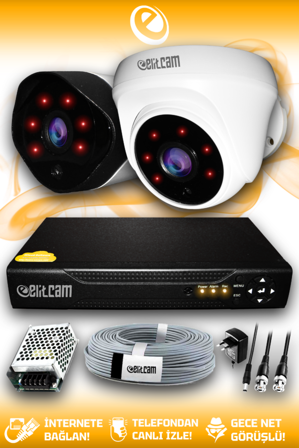2 Kameralı Uzay 1 İç Kamera Set HDD'siz Full HD Gece Görüşlü Güvenlik Kamerası Sistemi