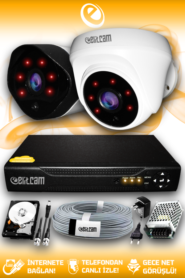 2 Kameralı Uzay 1 İç Kamera Set 1 TB HDD Full HD Gece Görüşlü Güvenlik Kamerası Sistemi