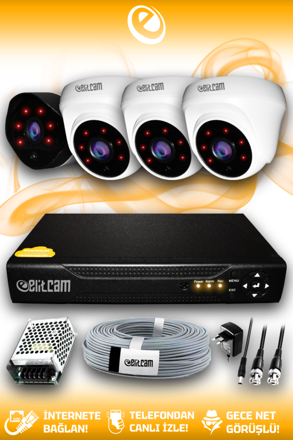 4 Kameralı Uzay 3 İç Kamera Set HDD'siz Full HD Gece Görüşlü Güvenlik Kamerası Sistemi