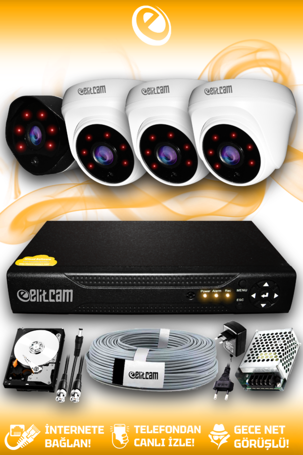 4 Kameralı Uzay 3 İç Kamera Set 1 TB HDD Full HD Gece Görüşlü Güvenlik Kamerası Sistemi