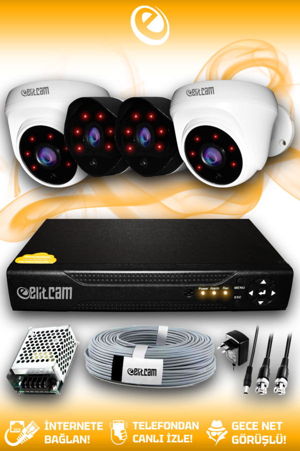 4 Kameralı Uzay 2 İç Kamera Set HDD'siz Full HD Gece Görüşlü Güvenlik Kamerası Sistemi