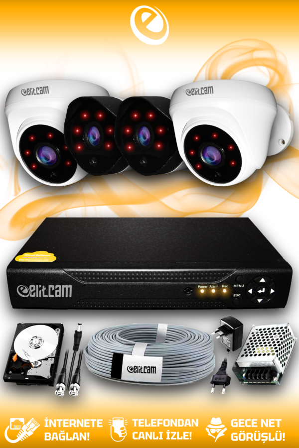 4 Kameralı Uzay 2 İç Kamera Set 500 GB HDD Full HD Gece Görüşlü Güvenlik Kamerası Sistemi