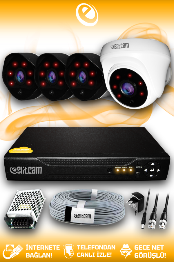 4 Kameralı Uzay 1 İç Kamera Set HDD'siz Full HD Gece Görüşlü Güvenlik Kamerası Sistemi