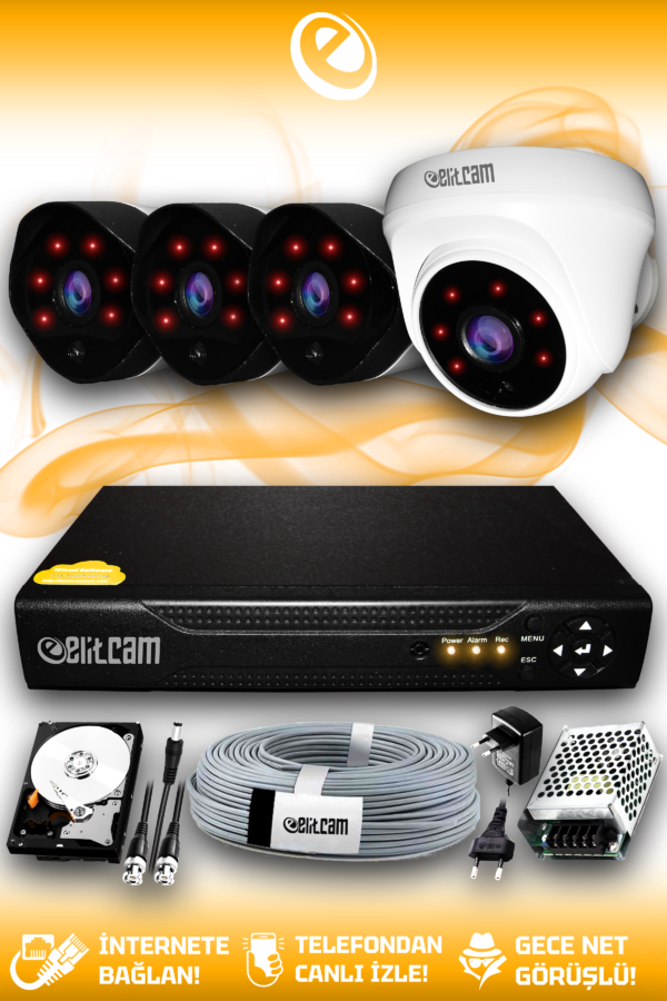 4 Kameralı Uzay 1 İç Kamera Set 2 TB HDD Full HD Gece Görüşlü Güvenlik Kamerası Sistemi