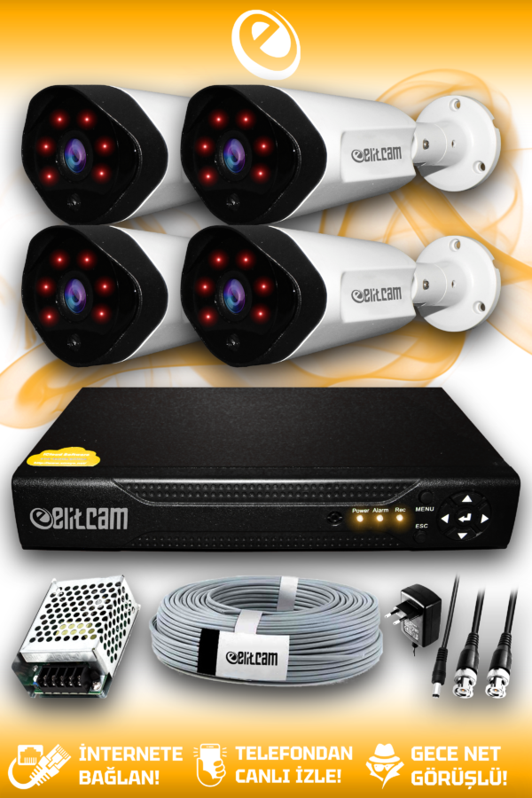4 Kameralı Uzay 4 Dış Kamera Set HDD'siz Full HD Gece Görüşlü Güvenlik Kamerası Sistemi
