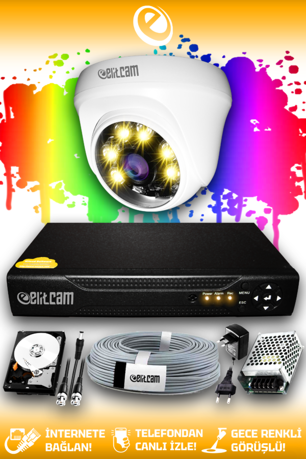 1 Kameralı Dome 1 İç Kamera Set 2 TB HDD Full HD Renkli Gece Görüşlü Güvenlik Kamerası Sistemi