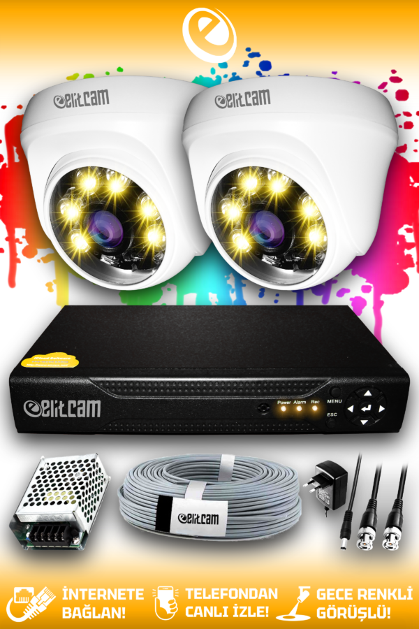 2 Kameralı Dome 2 İç Kamera Set HDD'siz Full HD Renkli Gece Görüşlü Güvenlik Kamerası Sistemi
