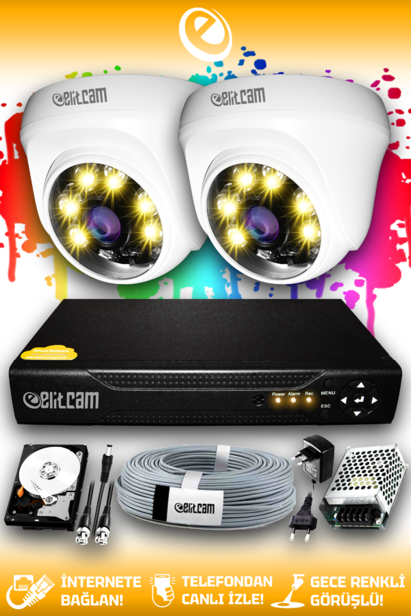 2 Kameralı Dome 2 İç Kamera Set 320 GB HDD Full HD Renkli Gece Görüşlü Güvenlik Kamerası Sistemi