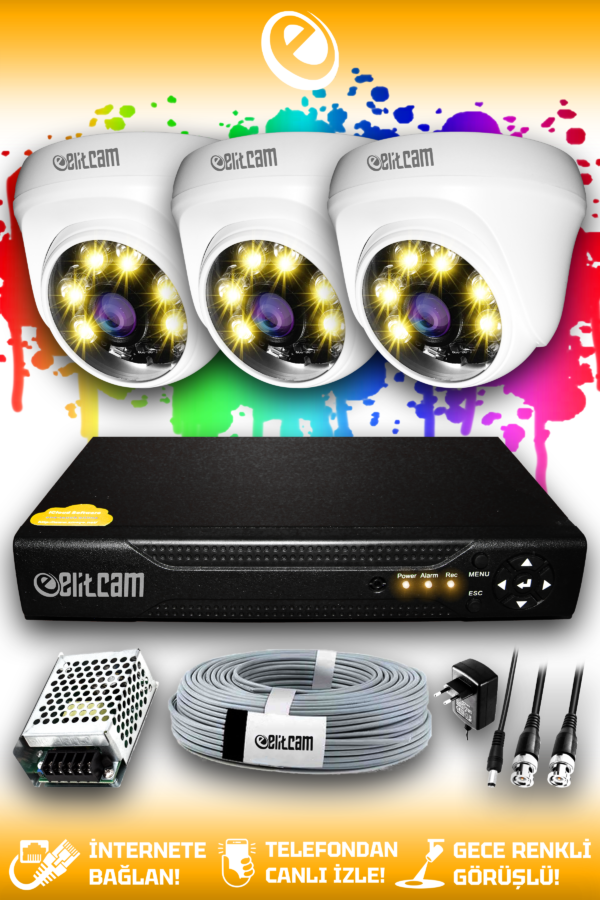 3 Kameralı Dome 3 İç Kamera Set HDD'siz Full HD Renkli Gece Görüşlü Güvenlik Kamerası Sistemi