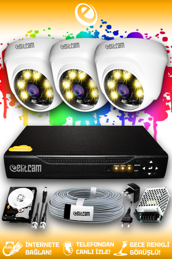 3 Kameralı Dome 3 İç Kamera Set 1 TB HDD Full HD Renkli Gece Görüşlü Güvenlik Kamerası Sistemi