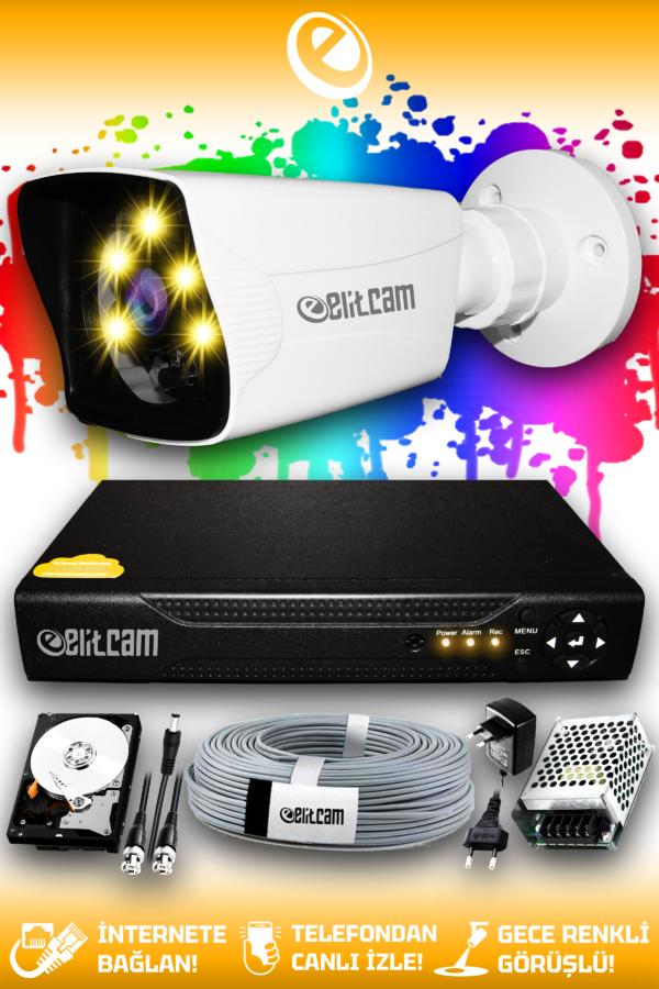 1 Kameralı Kare 1 Dış Kamera Set 1 TB HDD Full HD Renkli Gece Görüşlü Güvenlik Kamerası Sistemi