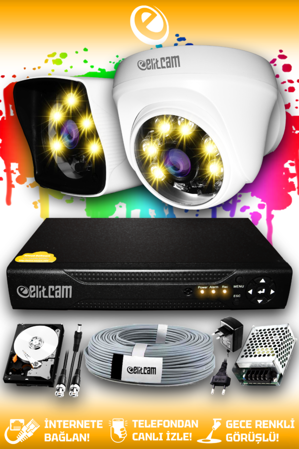 2 Kameralı Kare 1 İç Kamera Set 320 GB HDD Full HD Renkli Gece Görüşlü Güvenlik Kamerası Sistemi