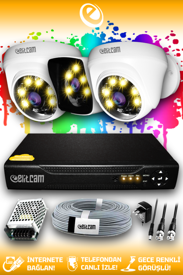 3 Kameralı Kare 2 İç Kamera Set HDD'siz Full HD Renkli Gece Görüşlü Güvenlik Kamerası Sistemi