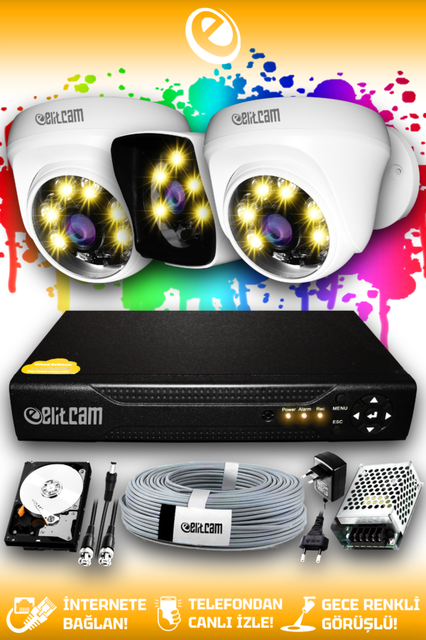 3 Kameralı Kare 2 İç Kamera Set 1 TB HDD Full HD Renkli Gece Görüşlü Güvenlik Kamerası Sistemi