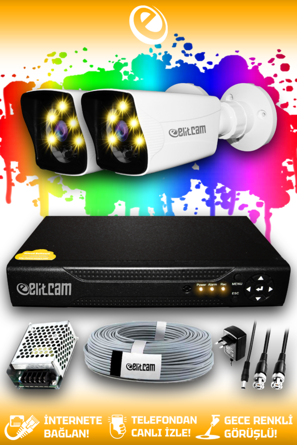 2 Kameralı Kare 2 Dış Kamera Set HDD'siz Full HD Renkli Gece Görüşlü Güvenlik Kamerası Sistemi