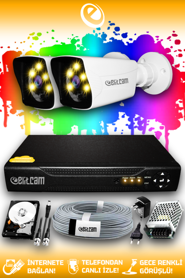 2 Kameralı Kare 2 Dış Kamera Set 250 GB HDD Full HD Renkli Gece Görüşlü Güvenlik Kamerası Sistemi