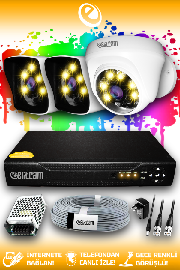 3 Kameralı Kare 1 İç Kamera Set HDD'siz Full HD Renkli Gece Görüşlü Güvenlik Kamerası Sistemi