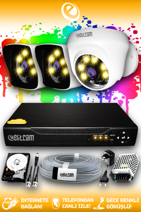 3 Kameralı Kare 1 İç Kamera Set 100 GB HDD Full HD Renkli Gece Görüşlü Güvenlik Kamerası Sistemi