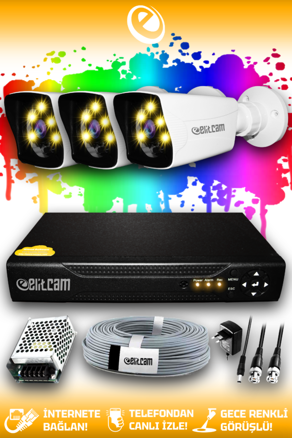 3 Kameralı Kare 3 Dış Kamera Set HDD'siz Full HD Renkli Gece Görüşlü Güvenlik Kamerası Sistemi