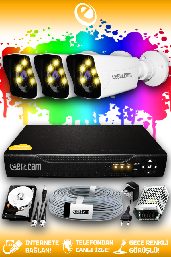 3 Kameralı Kare 3 Dış Kamera Set 320 GB HDD Full HD Renkli Gece Görüşlü Güvenlik Kamerası Sistemi