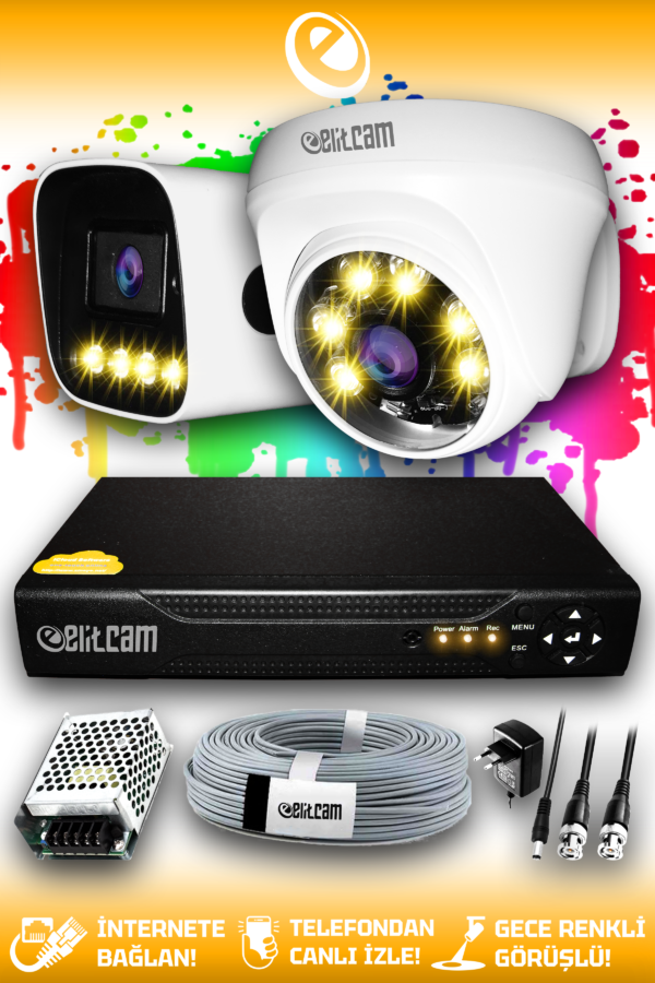 2 Kameralı Zebra 1 İç Kamera Set HDD'siz Full HD Renkli Gece Görüşlü Güvenlik Kamerası Sistemi