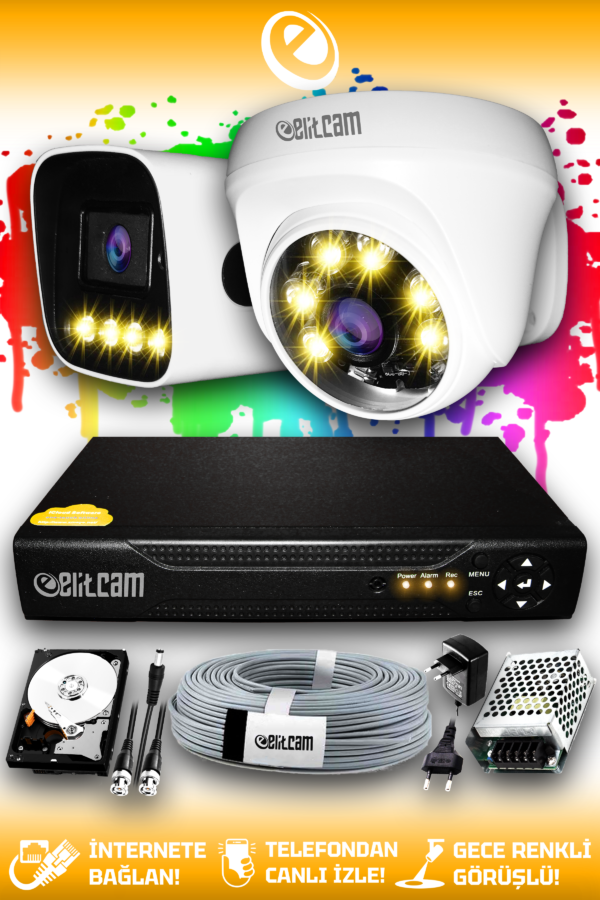 2 Kameralı Zebra 1 İç Kamera Set 1 TB HDD Full HD Renkli Gece Görüşlü Güvenlik Kamerası Sistemi
