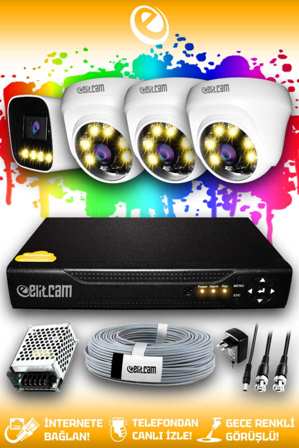 4 Kameralı Zebra 3 İç Kamera Set HDD'siz Full HD Renkli Gece Görüşlü Güvenlik Kamerası Sistemi