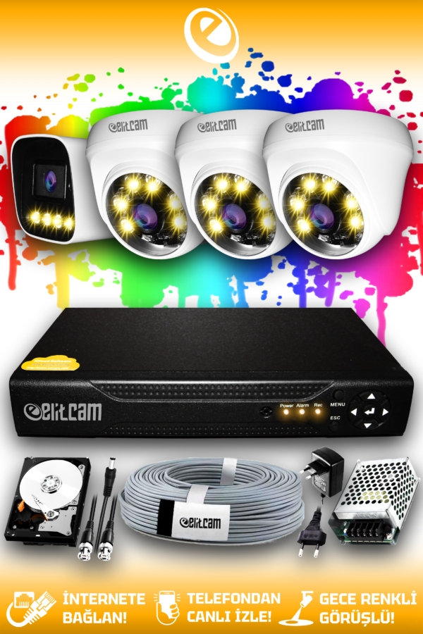 4 Kameralı Zebra 3 İç Kamera Set 100 GB HDD Full HD Renkli Gece Görüşlü Güvenlik Kamerası Sistemi