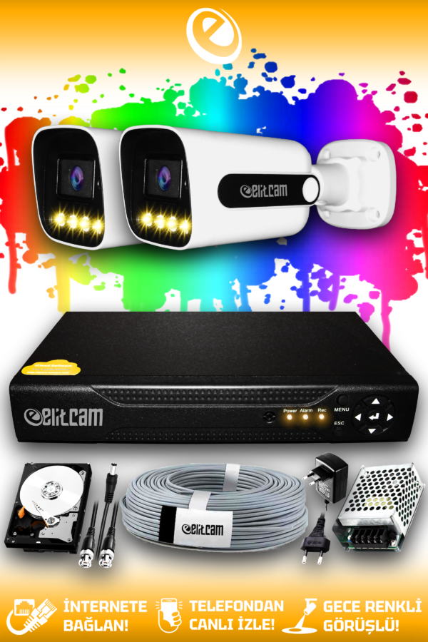 2 Kameralı Zebra 2 Dış Kamera Set 2 TB HDD Full HD Renkli Gece Görüşlü Güvenlik Kamerası Sistemi