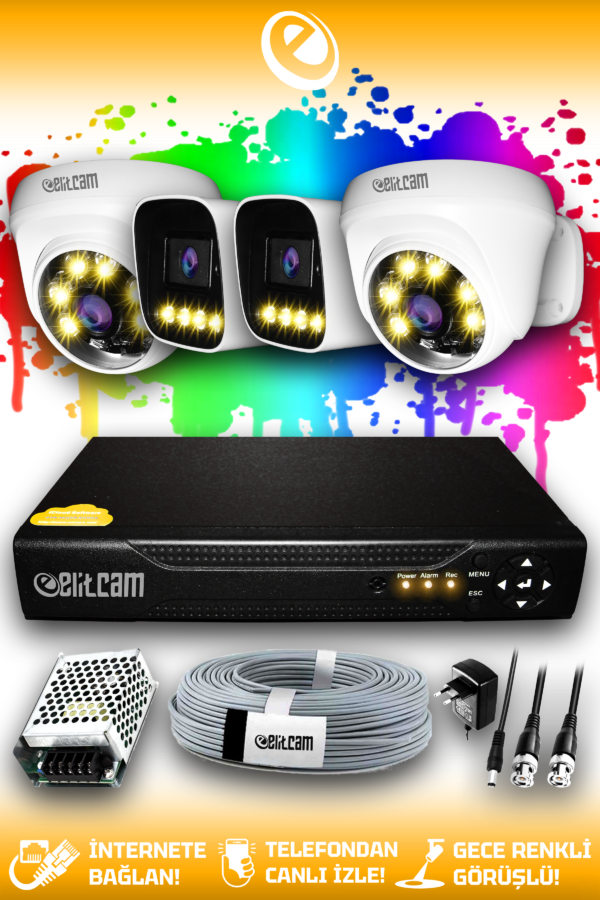 4 Kameralı Zebra 2 İç Kamera Set HDD'siz Full HD Renkli Gece Görüşlü Güvenlik Kamerası Sistemi