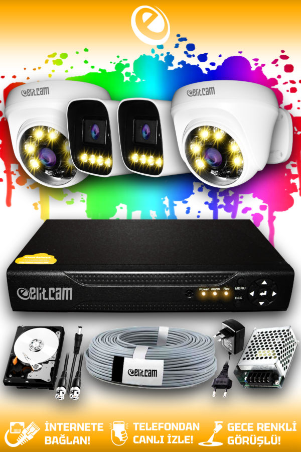 4 Kameralı Zebra 2 İç Kamera Set 500 GB HDD Full HD Renkli Gece Görüşlü Güvenlik Kamerası Sistemi