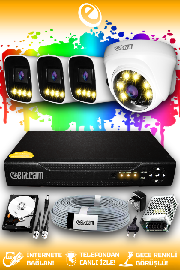 4 Kameralı Zebra 1 İç Kamera Set 500 GB HDD Full HD Renkli Gece Görüşlü Güvenlik Kamerası Sistemi
