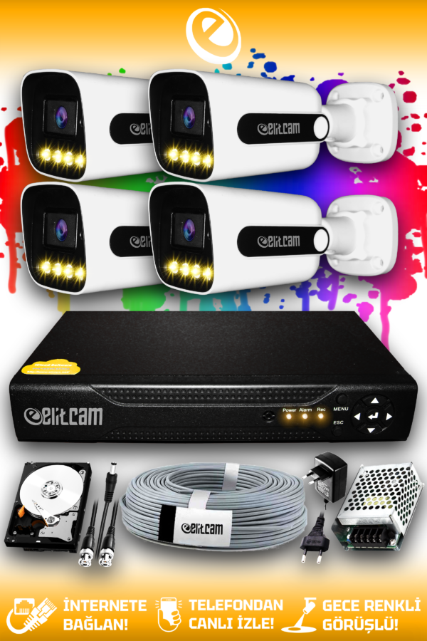 4 Kameralı Zebra 4 Dış Kamera Set 2 TB HDD Full HD Renkli Gece Görüşlü Güvenlik Kamerası Sistemi