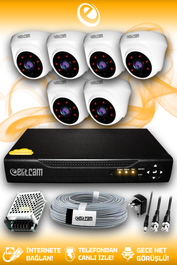 6 Kameralı Dome 6 İç Kamera Set HDD'siz Full HD Gece Görüşlü Güvenlik Kamerası Sistemi