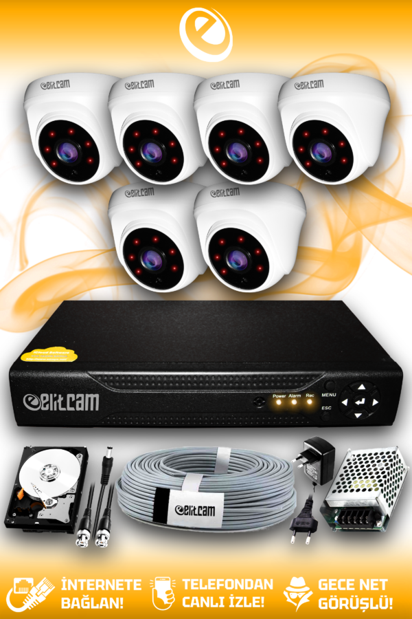 6 Kameralı Dome 6 İç Kamera Set 320 GB HDD Full HD Gece Görüşlü Güvenlik Kamerası Sistemi