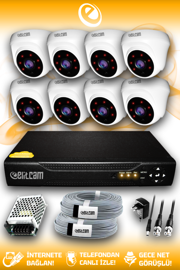 8 Kameralı Dome 8 İç Kamera Set HDD'siz Full HD Gece Görüşlü Güvenlik Kamerası Sistemi