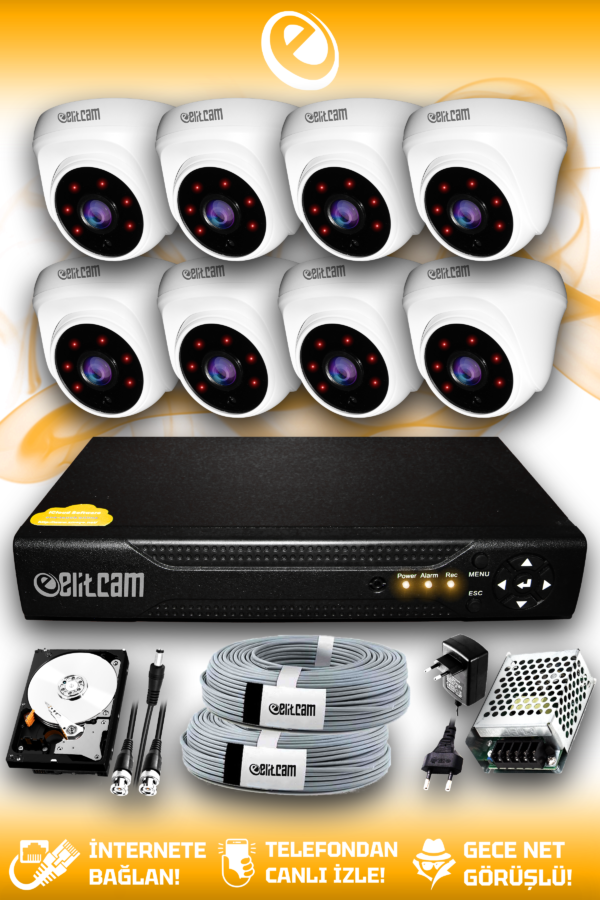 8 Kameralı Dome 8 İç Kamera Set 1 TB HDD Full HD Gece Görüşlü Güvenlik Kamerası Sistemi
