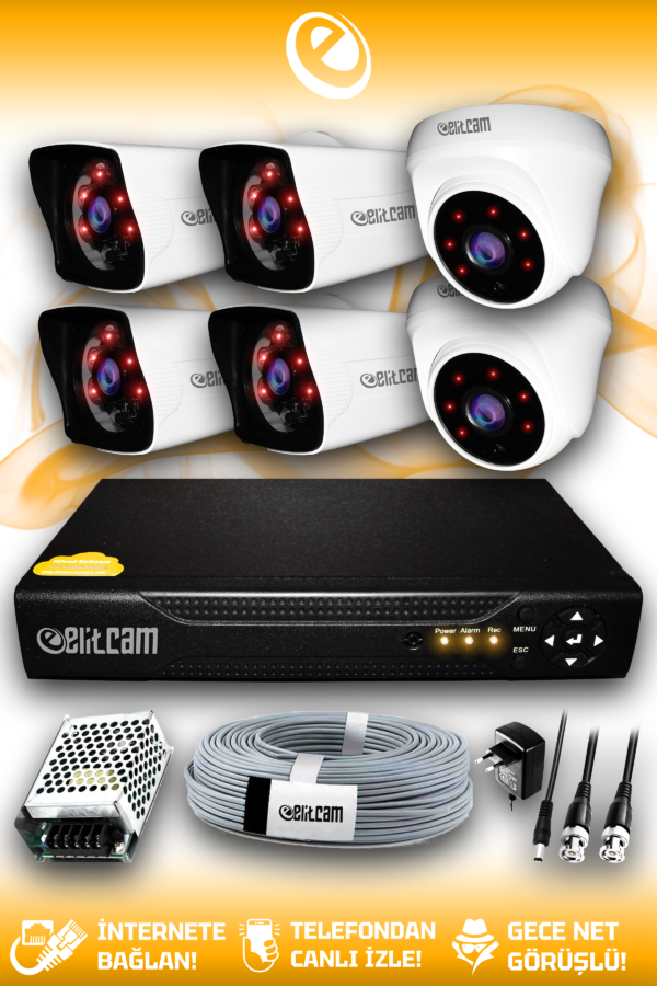 6 Kameralı Kare 2 İç Kamera Set HDD'siz Full HD Gece Görüşlü Güvenlik Kamerası Sistemi
