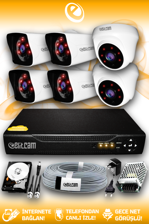 6 Kameralı Kare 2 İç Kamera Set 2 TB HDD Full HD Gece Görüşlü Güvenlik Kamerası Sistemi
