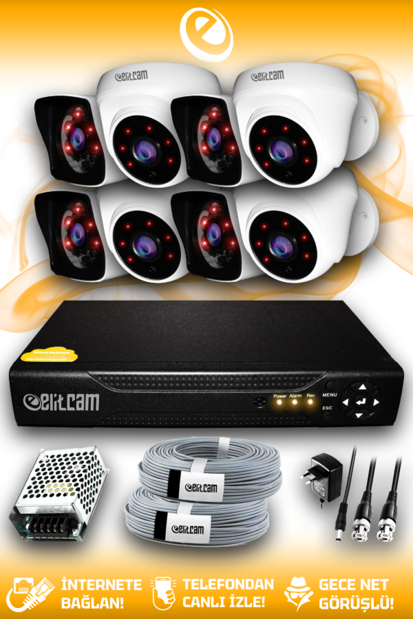 8 Kameralı Kare 4 İç Kamera Set HDD'siz Full HD Gece Görüşlü Güvenlik Kamerası Sistemi