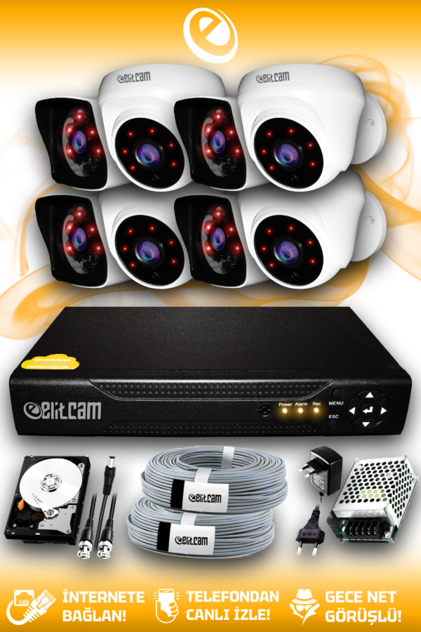 8 Kameralı Kare 4 İç Kamera Set 250 GB HDD Full HD Gece Görüşlü Güvenlik Kamerası Sistemi