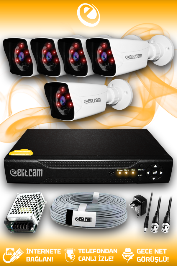 5 Kameralı Kare 5 Dış Kamera Set HDD'siz Full HD Gece Görüşlü Güvenlik Kamerası Sistemi