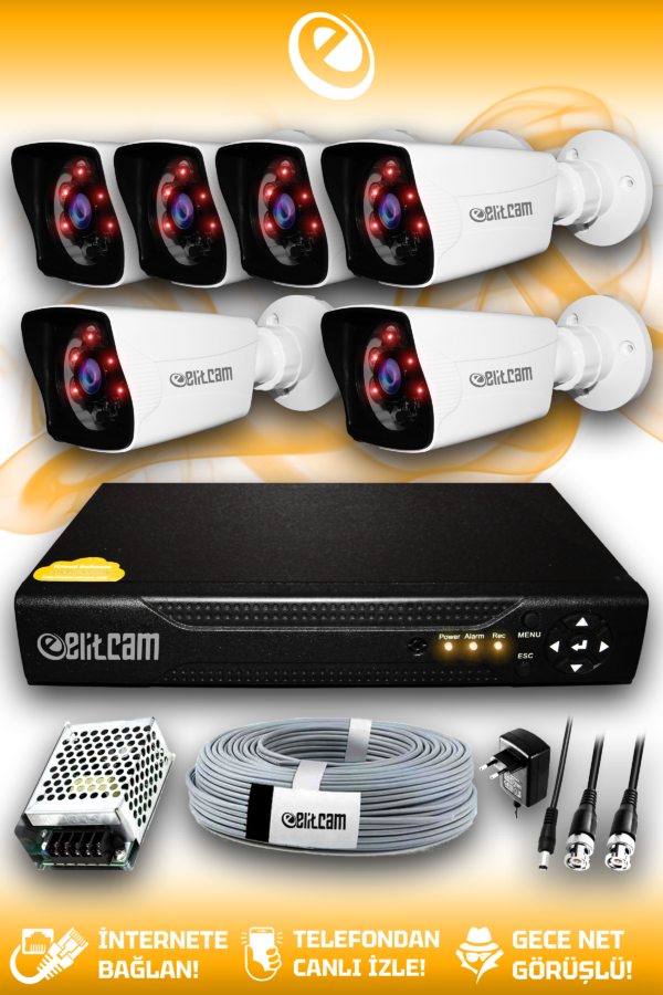 6 Kameralı Kare 6 Dış Kamera Set HDD'siz Full HD Gece Görüşlü Güvenlik Kamerası Sistemi