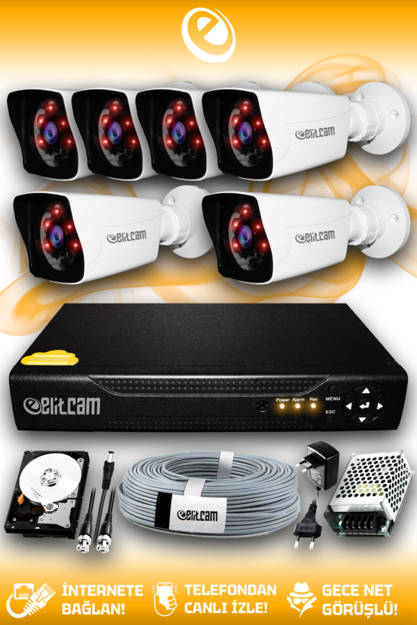 6 Kameralı Kare 6 Dış Kamera Set 100 GB HDD Full HD Gece Görüşlü Güvenlik Kamerası Sistemi