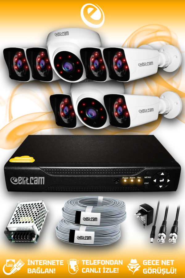 8 Kameralı Kare 2 İç Kamera Set HDD'siz Full HD Gece Görüşlü Güvenlik Kamerası Sistemi