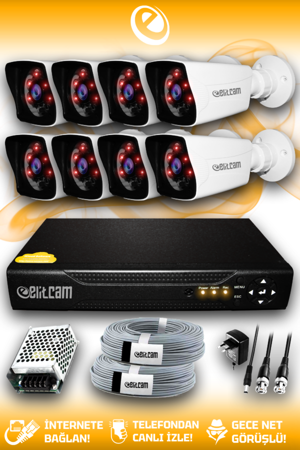 8 Kameralı Kare 8 Dış Kamera Set HDD'siz Full HD Gece Görüşlü Güvenlik Kamerası Sistemi