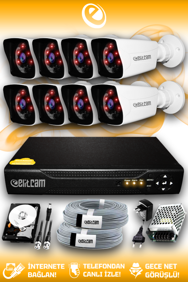 8 Kameralı Kare 8 Dış Kamera Set 2 TB HDD Full HD Gece Görüşlü Güvenlik Kamerası Sistemi