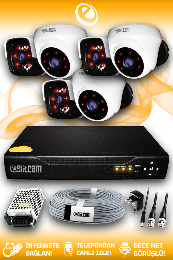 6 Kameralı Panda 3 İç Kamera Set HDD'siz Full HD Gece Görüşlü Güvenlik Kamerası Sistemi